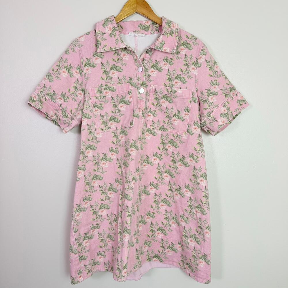 Entro Pink Denim Floral Rose Mini Shirt Dress Women's M Cottagecore Romantic - Picture 3 of 15